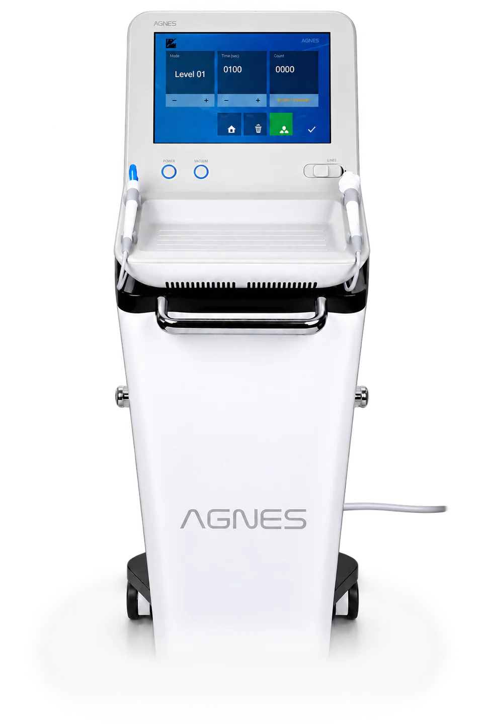 The Agnes RF microneedling system, with touchscreen console and two handpieces