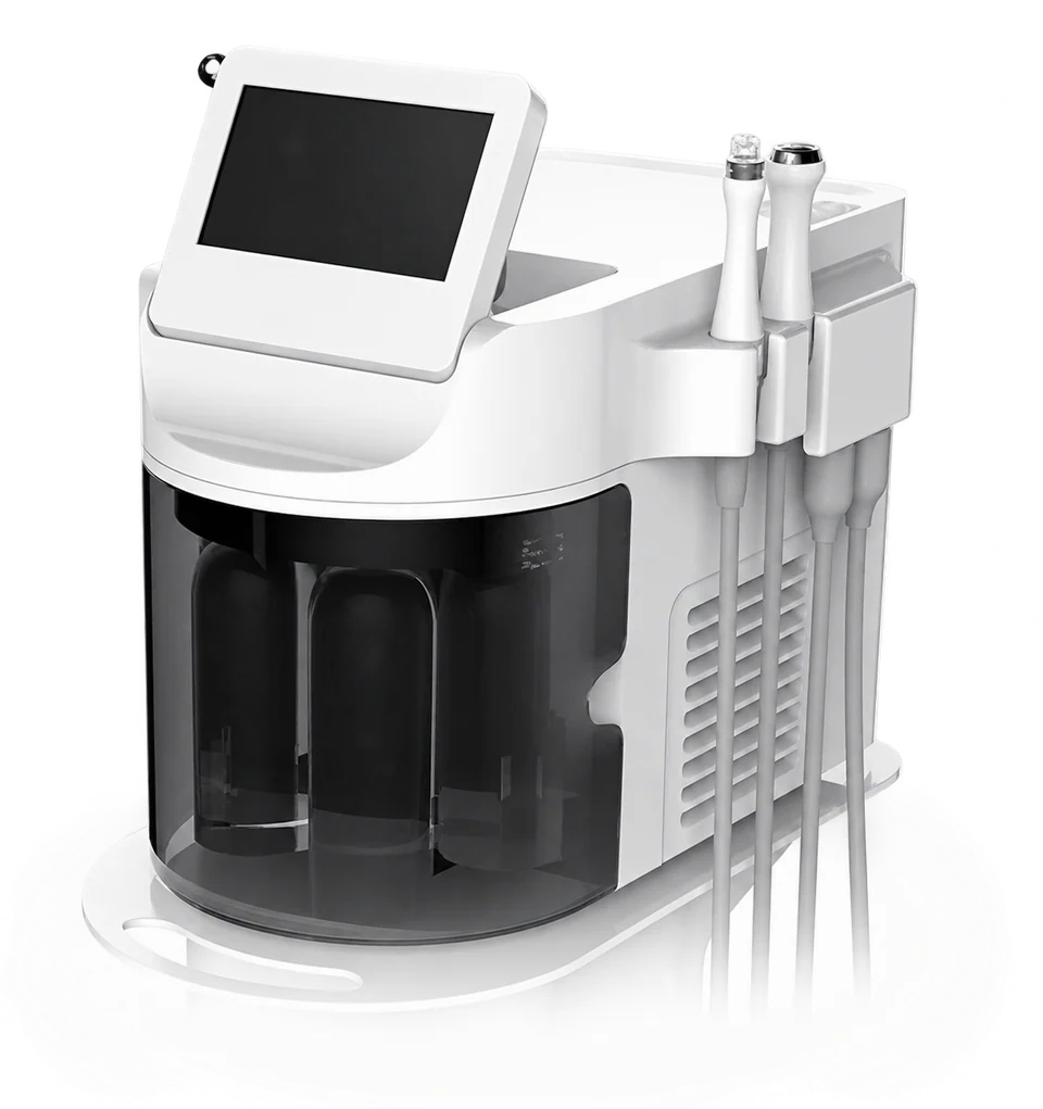 The Aquapure hydradermabrasion system, with touchscreen console, solution bottles and two handpieces