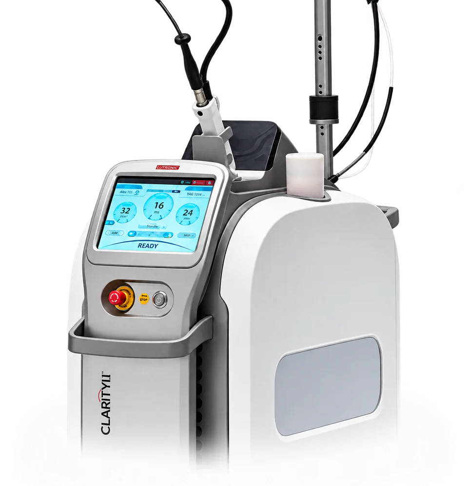The Clarity II dual-wavelength laser platform, with touchscreen console and handpiece