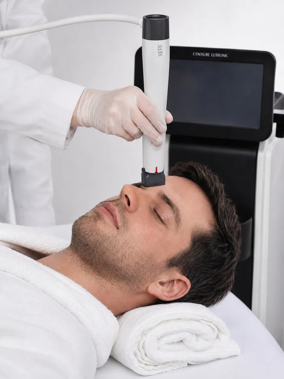 A clinician treating a patient's forehead with the XERF handpiece, the console behind