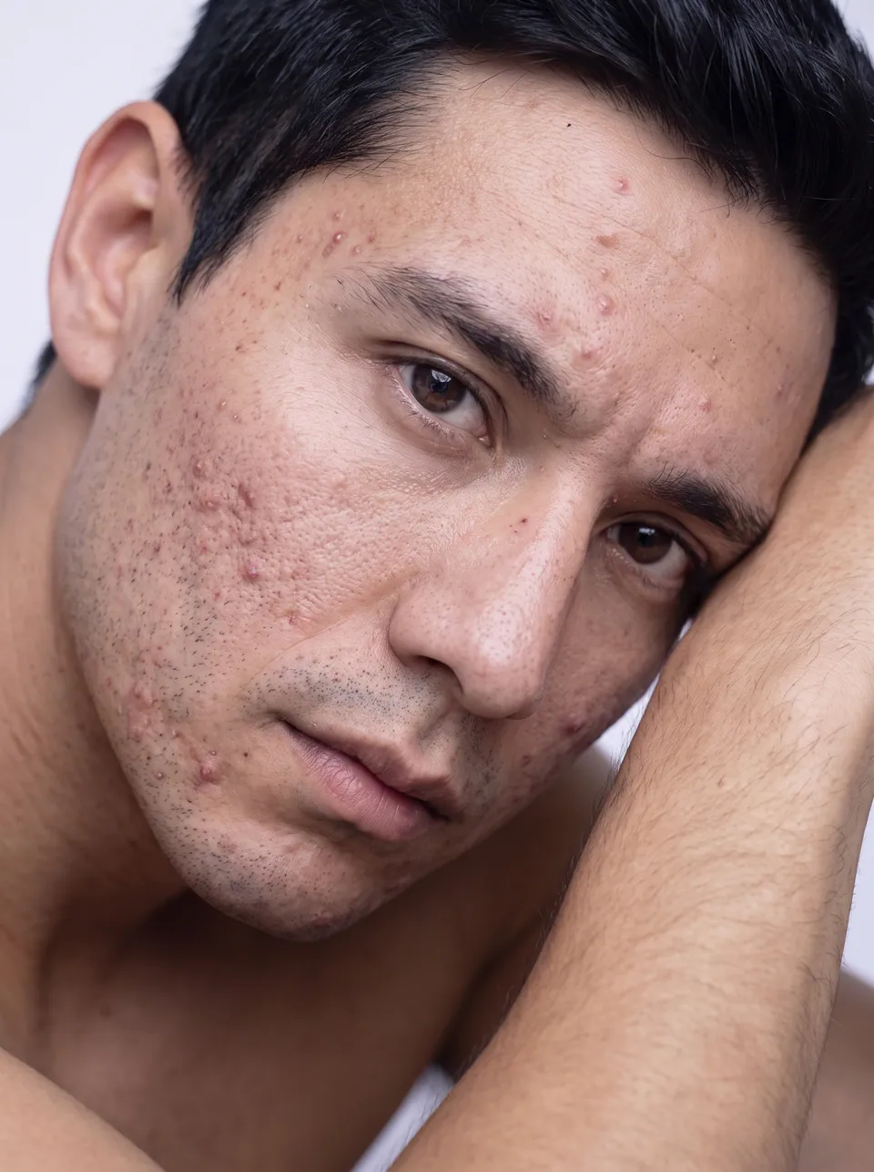 Close portrait of a man resting his head on his arm, showing active acne and scarring