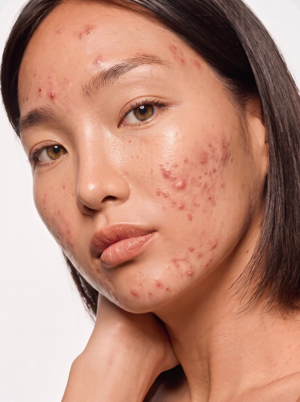 Close portrait of a woman with active acne across her cheek, chin and forehead