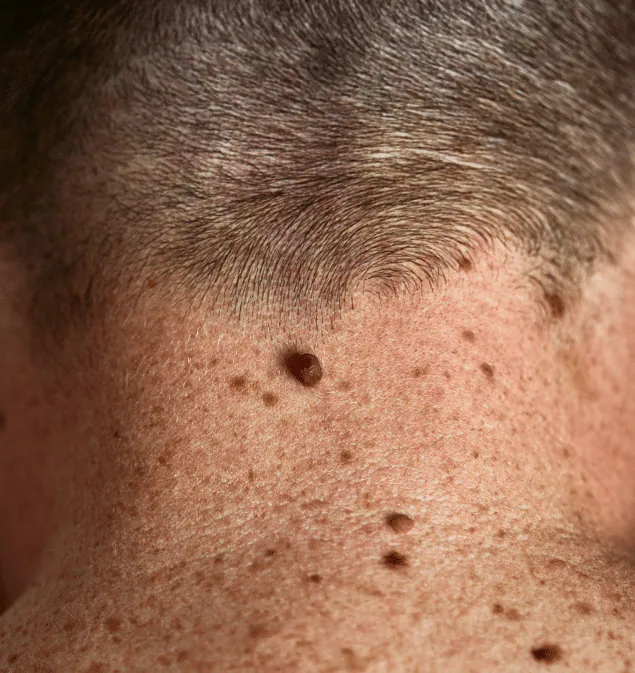 Close view of the back of a neck with several dark moles