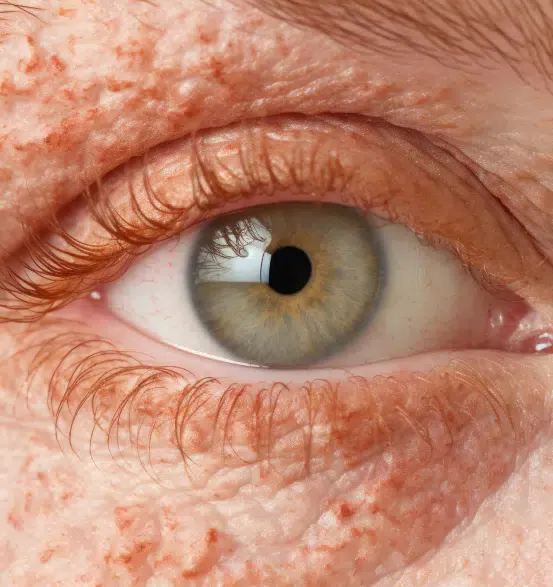 Close view of an eye with textured skin and small raised bumps around the lower lid