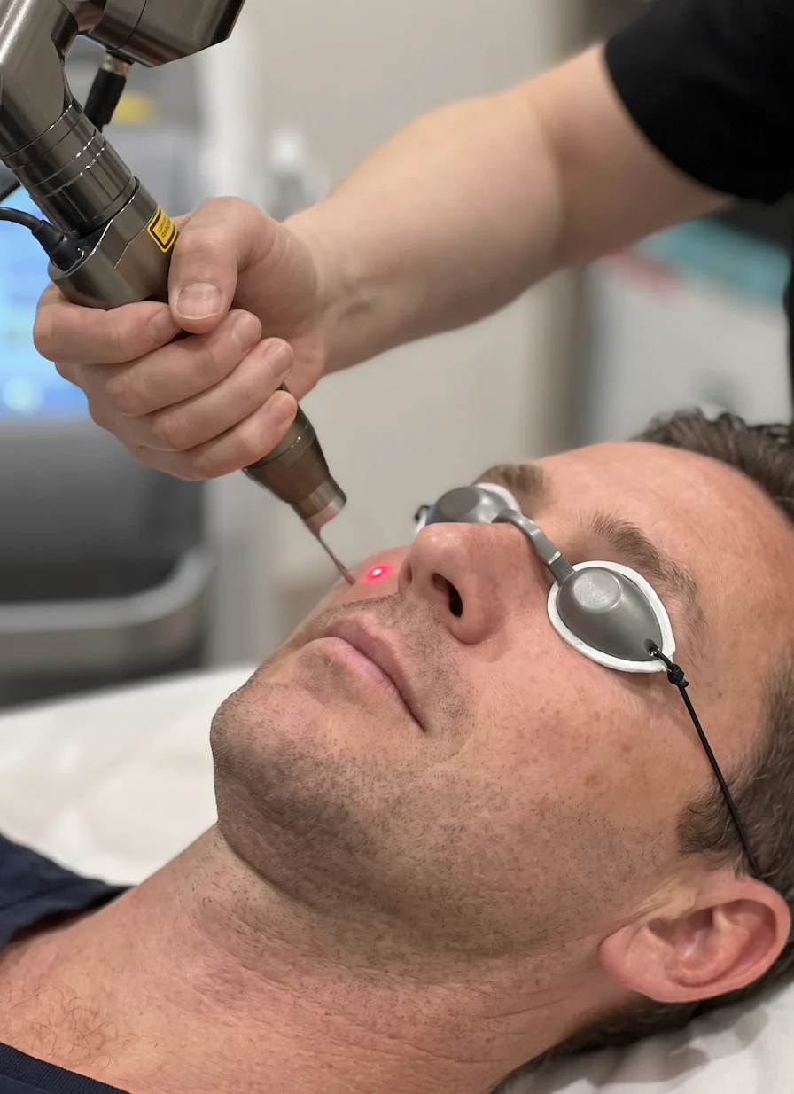 Close view of the Hollywood Spectra handpiece treating a patient's cheek, eyes protected by laser goggles
