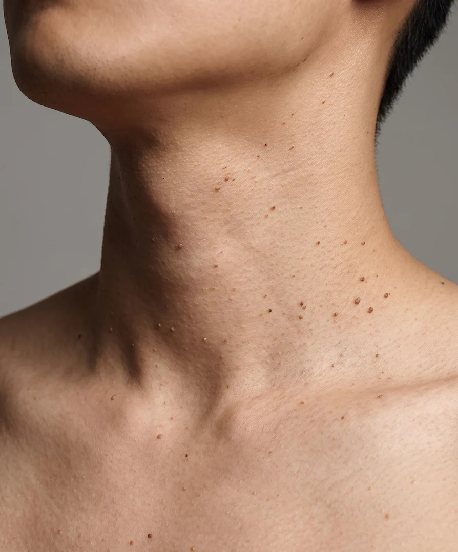 Close view of a neck and collarbone with small skin tags and raised lesions