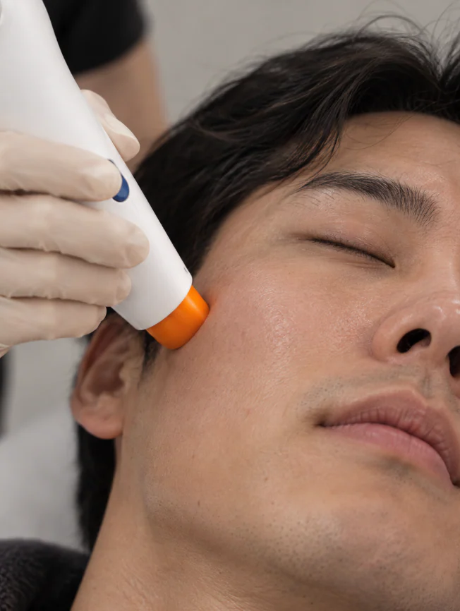 Close view of the Oligio tip pressed against a client's cheek