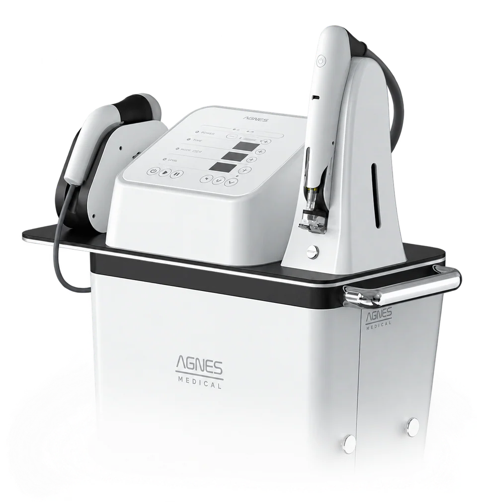 The DoubleTite RF system, with control console and two handpieces on a trolley