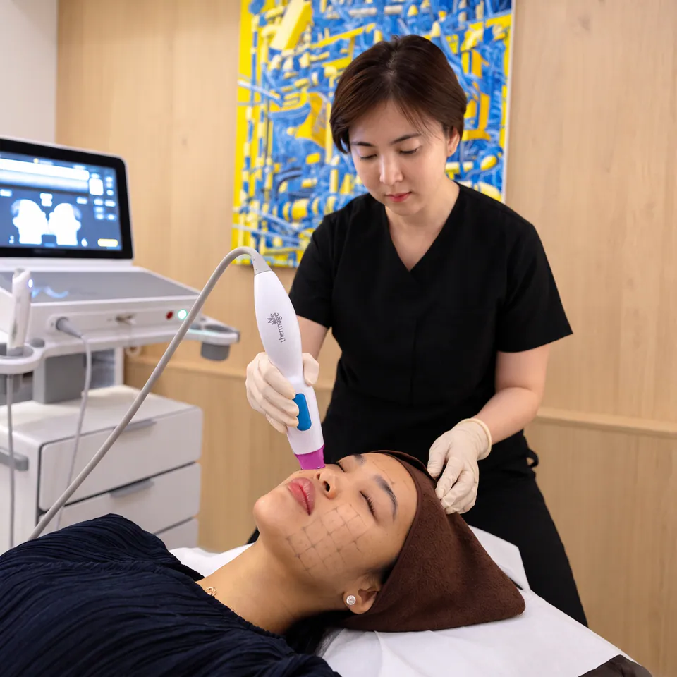 Dr Yoo performing a signature lifting treatment on a patient in the clinic