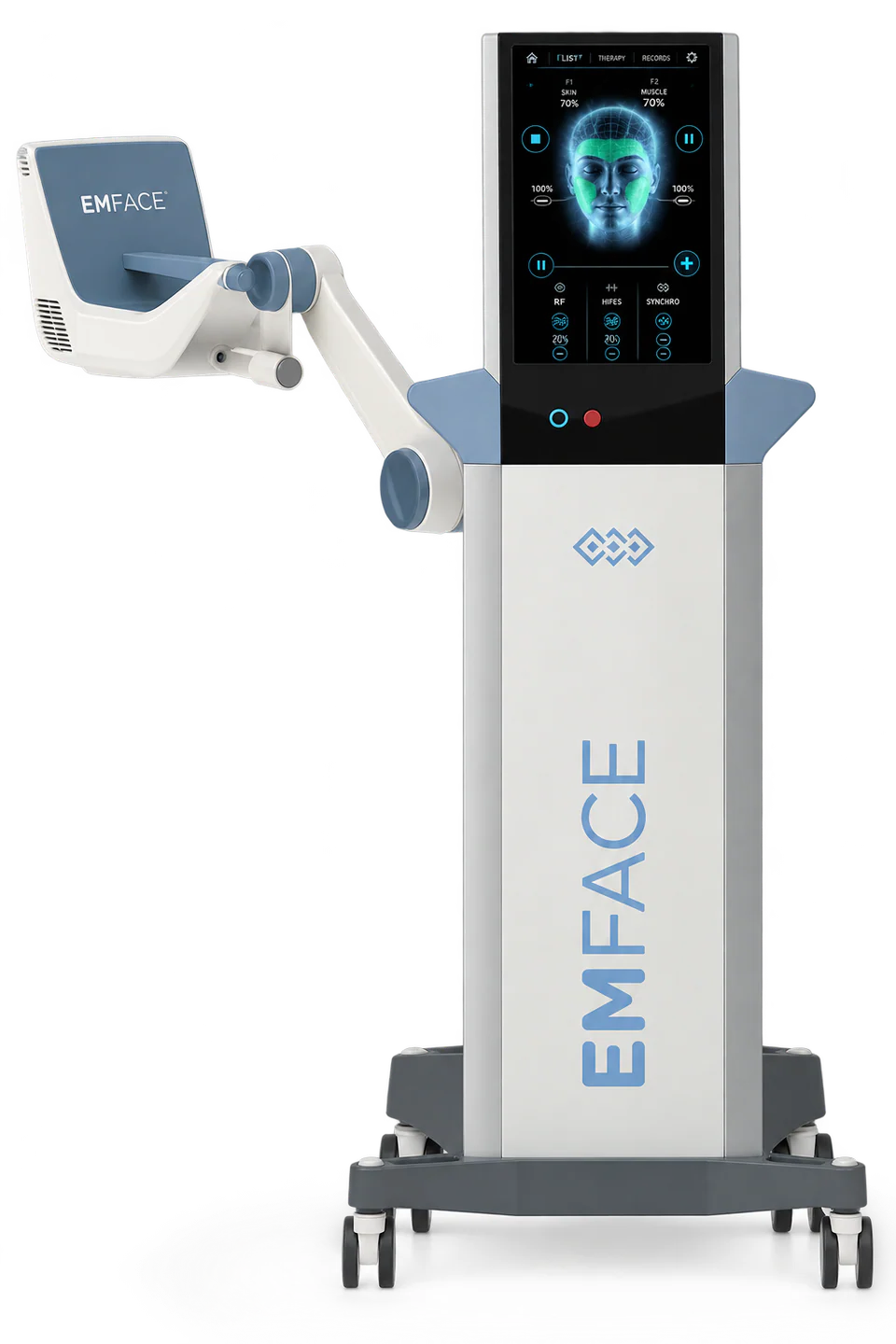The EMFACE platform by BTL, with touchscreen console and articulated applicator arm