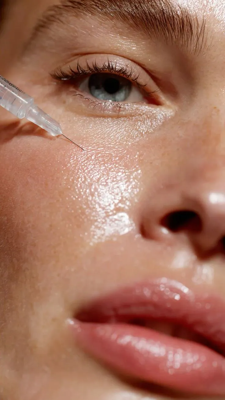 A fine needle delivering a regenerative injection to the under-eye area