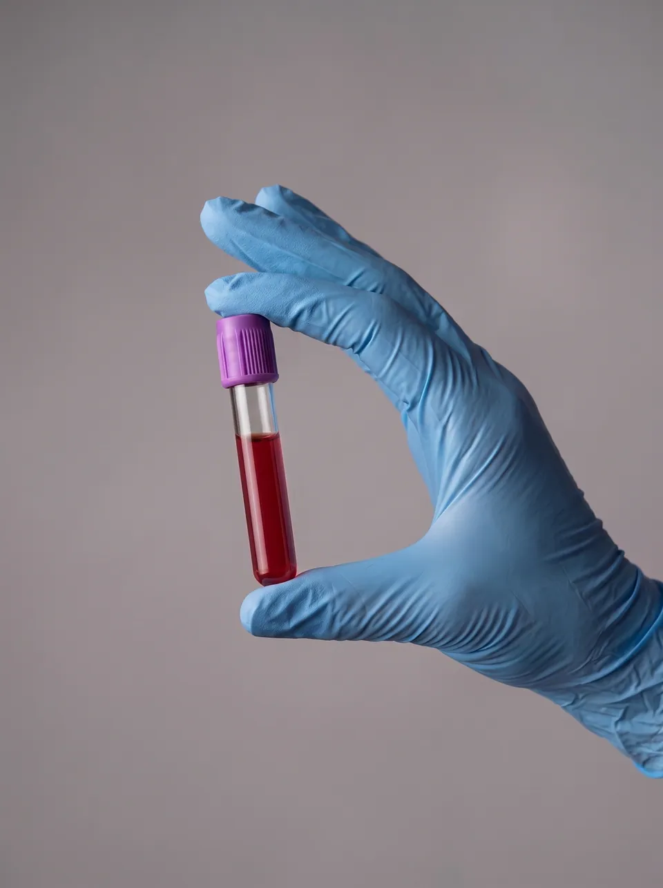 A gloved hand holding a blood sample tube