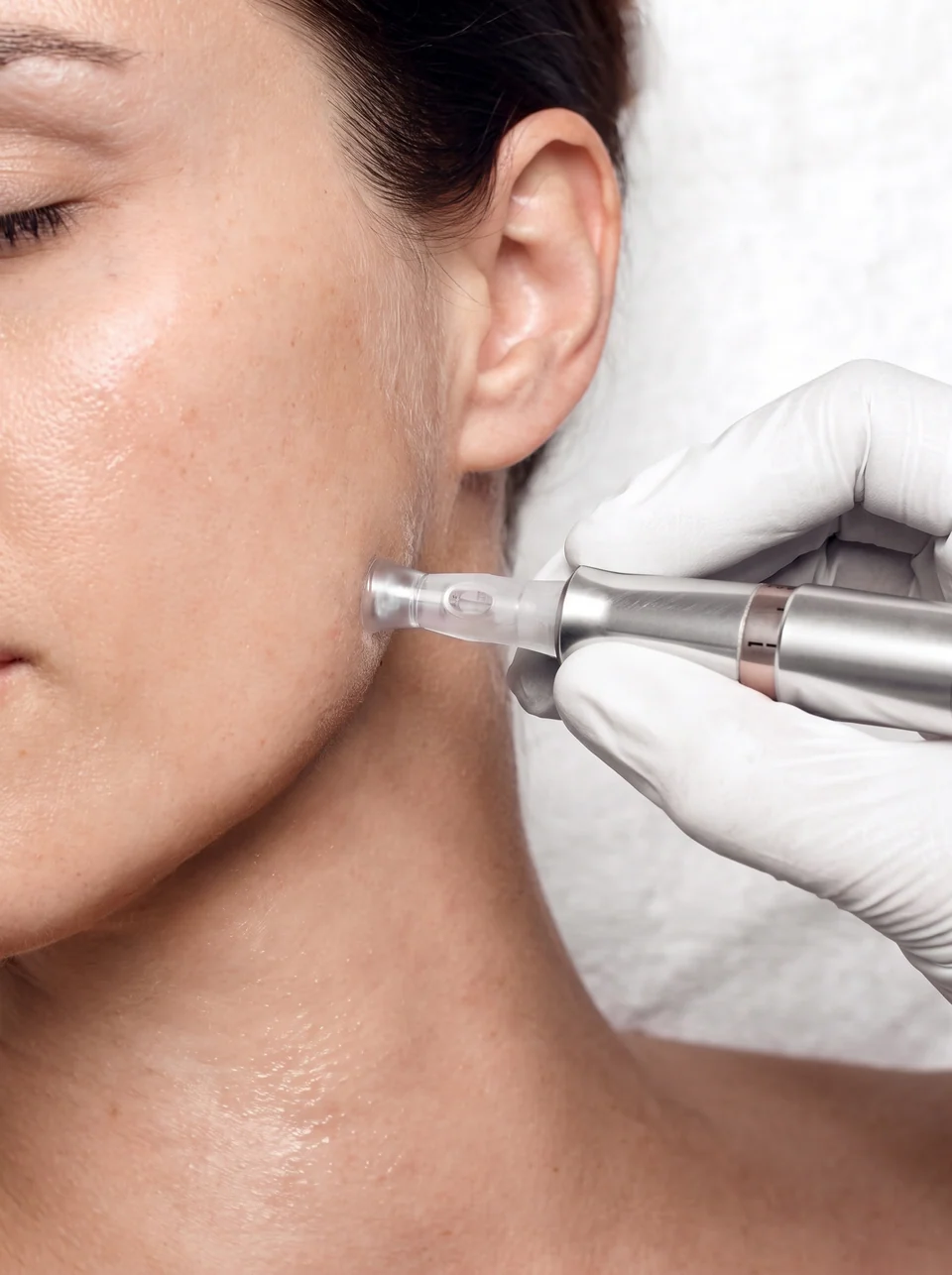A gloved practitioner applying a nano-microneedling pen to a patient's cheek
