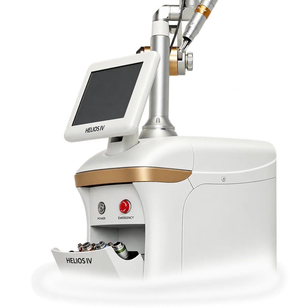 The Helios picosecond laser platform, with touchscreen console, articulated arm and handpiece tray