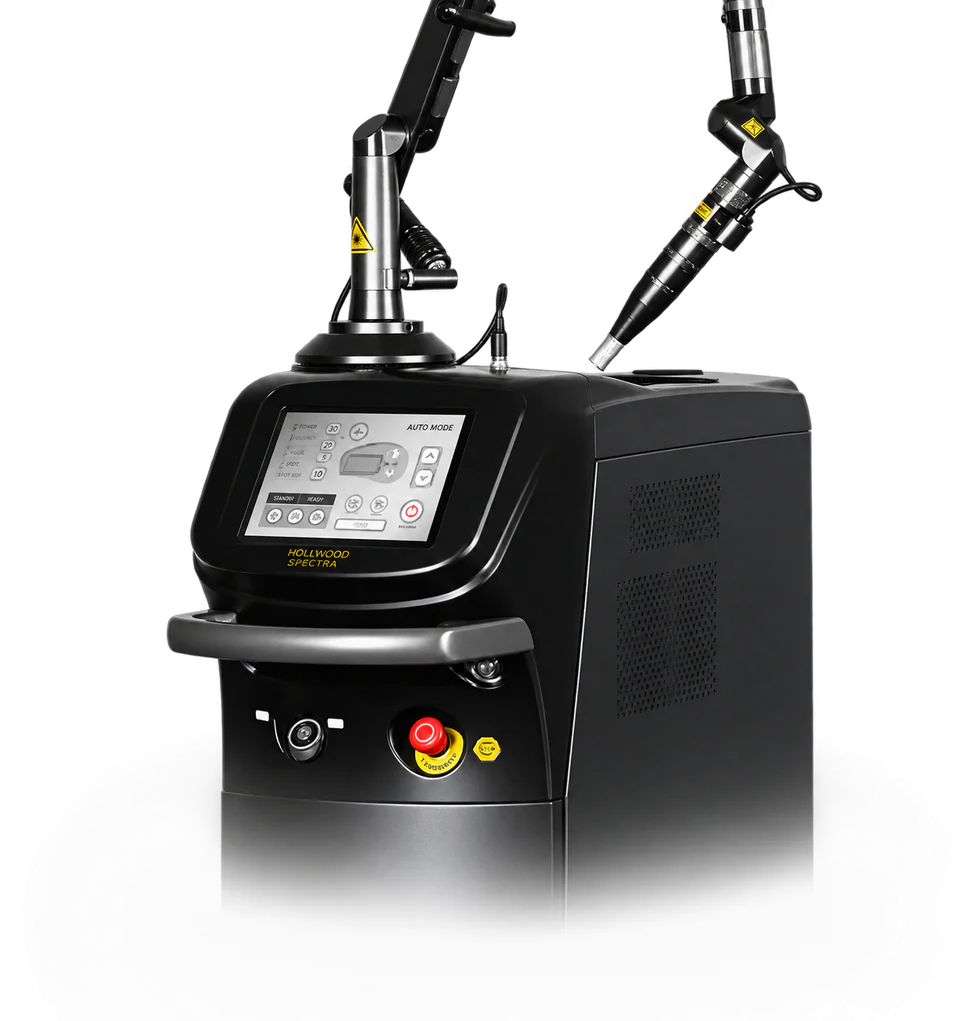 The Hollywood Spectra laser platform, with touchscreen console and two articulated handpieces