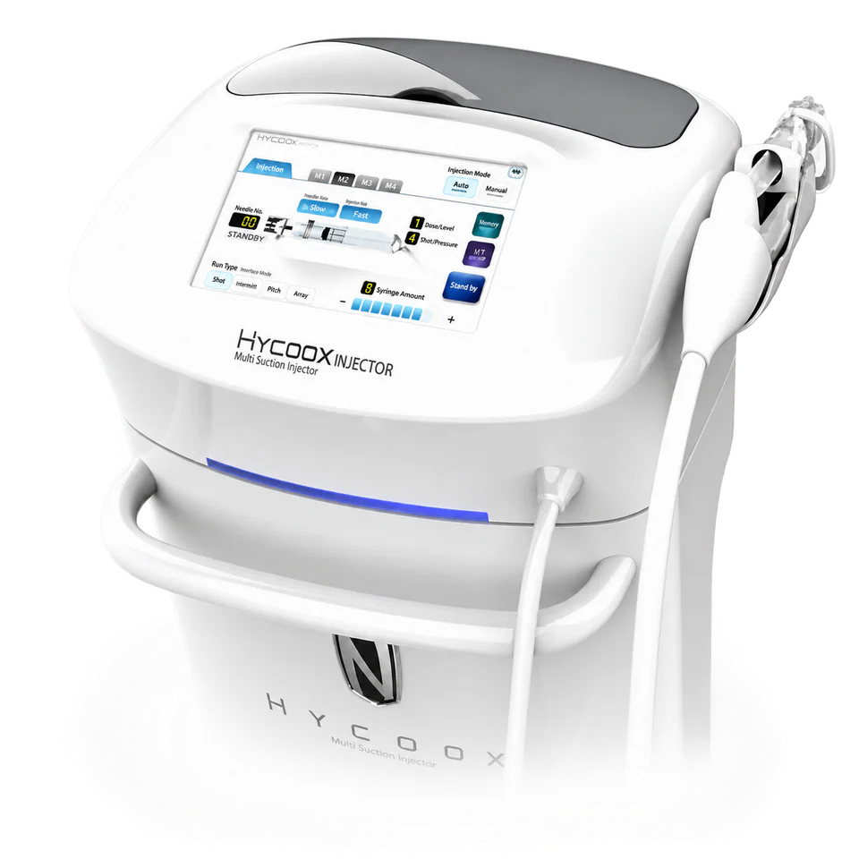 The Hycoox Skinbooster Injector, with touchscreen console and multi-needle handpiece