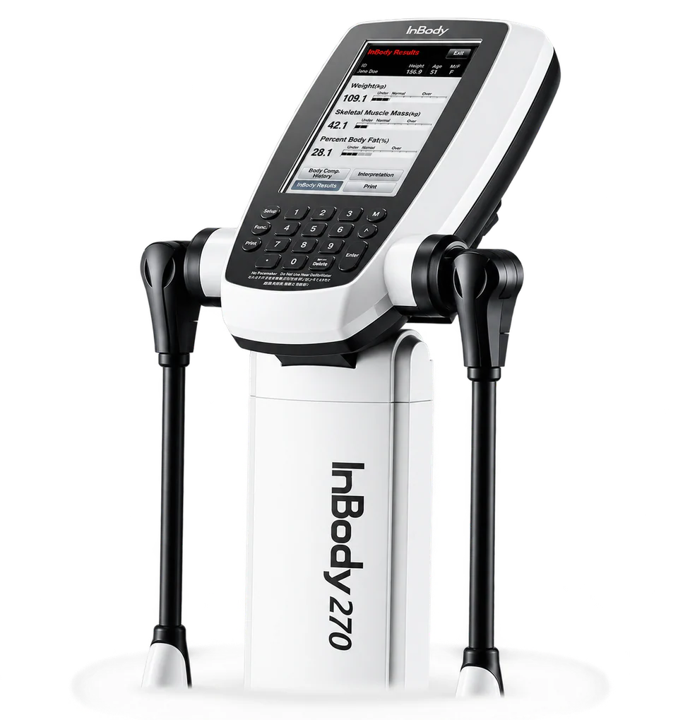 The InBody 270 body composition analyser, with results screen and hand electrodes
