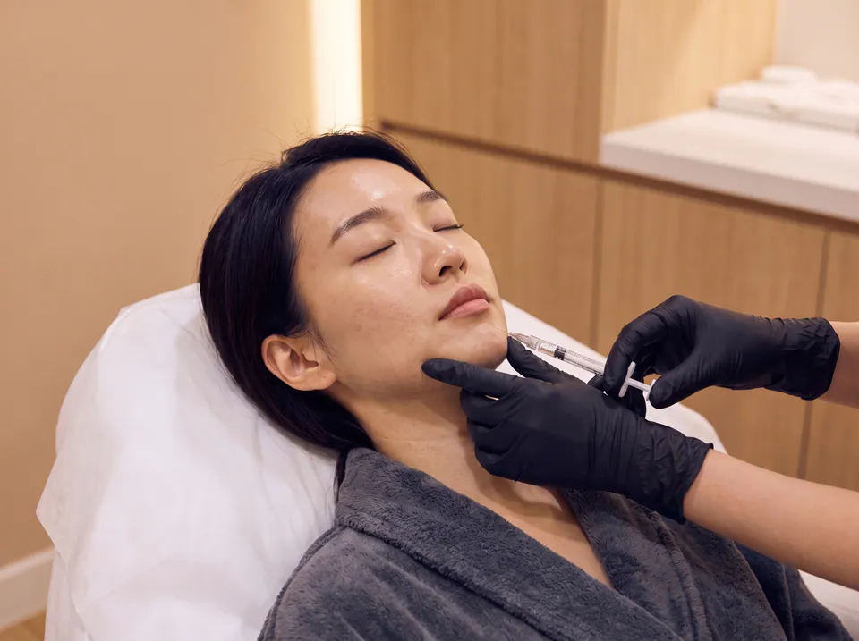 An injectable treatment being administered along a patient's jawline