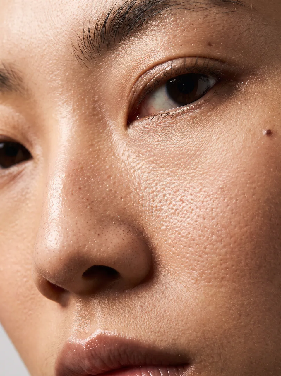 Macro close-up of enlarged pores across the nose and cheek