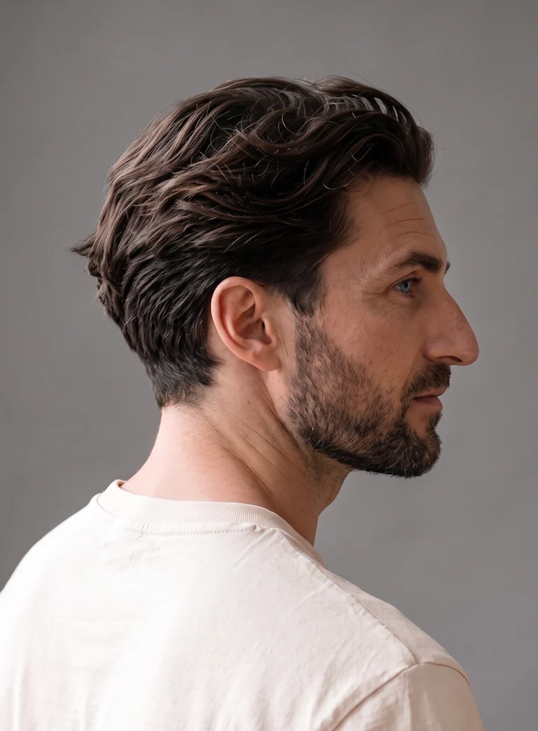 A man in profile with full, thick dark hair