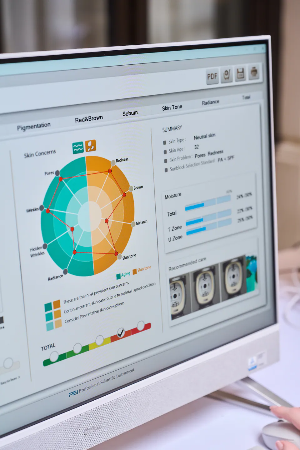 The Mark Vu summary screen showing skin concerns, skin age and moisture readings