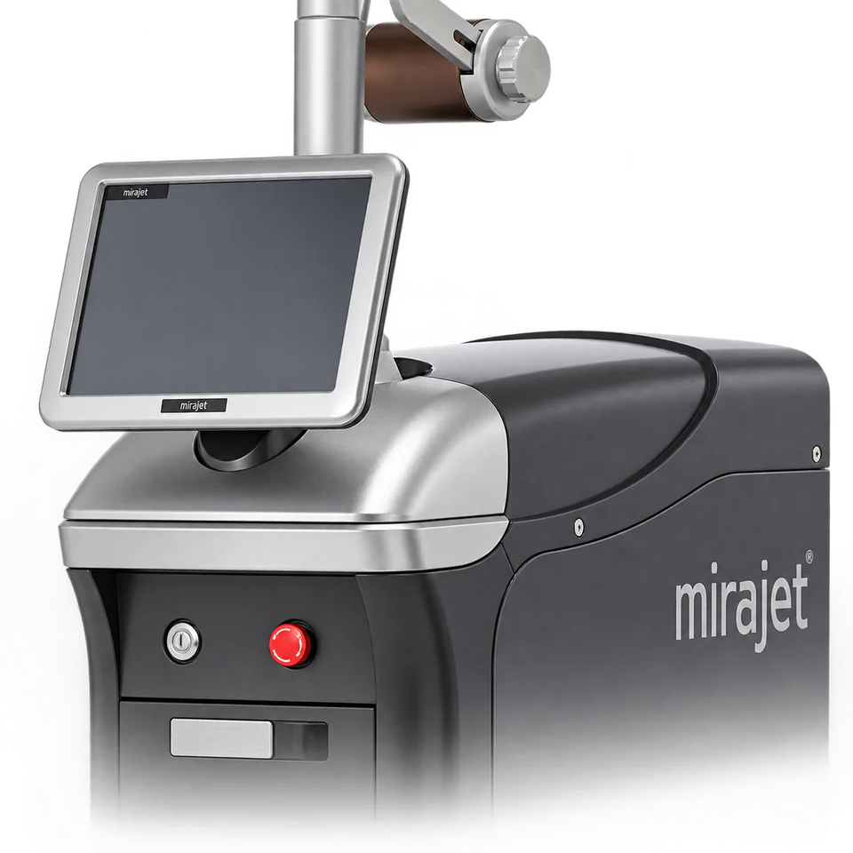 The Mirajet device, with tilting touchscreen console and articulated arm