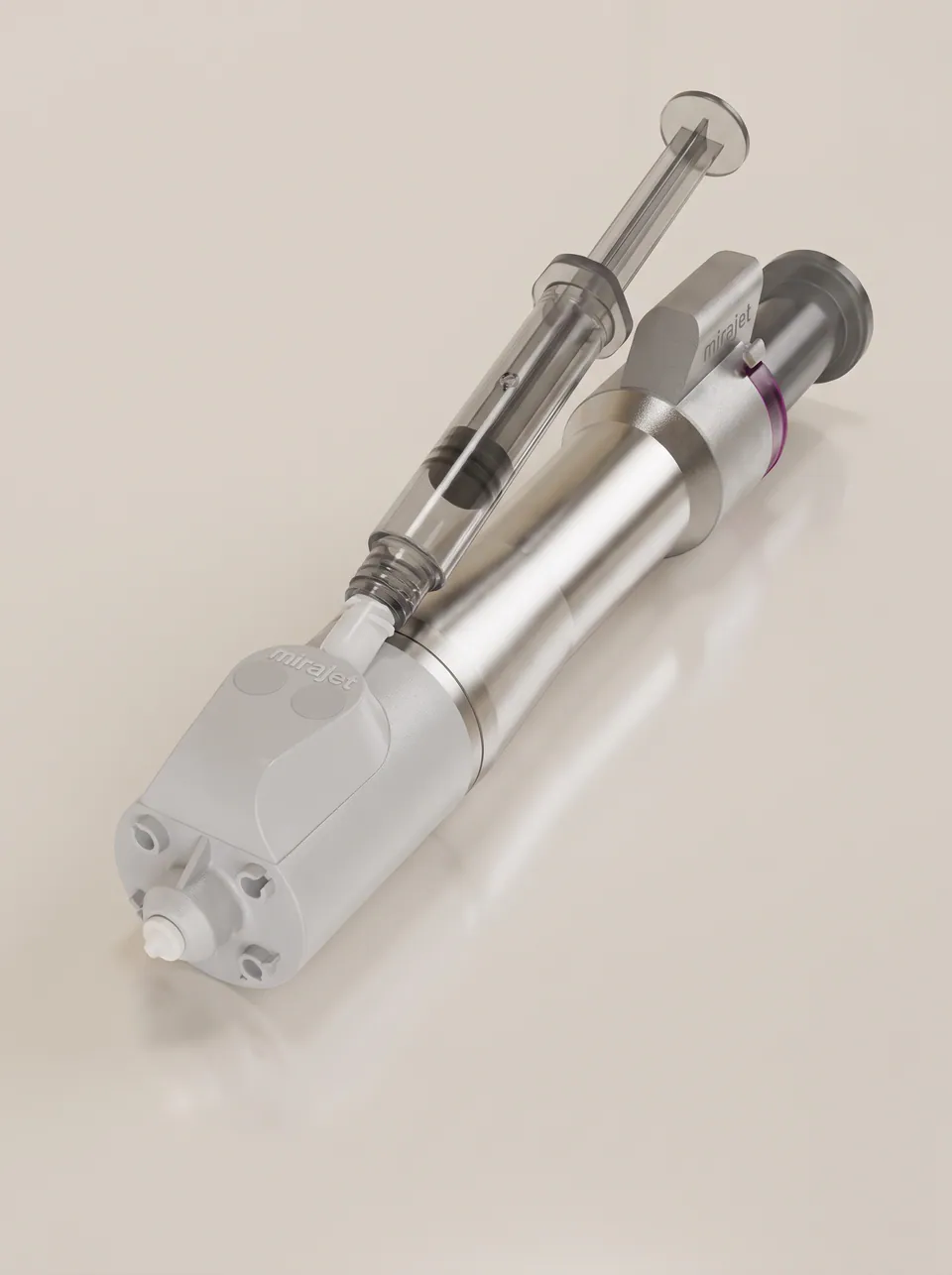 The Mirajet handpiece with its skinbooster syringe attached