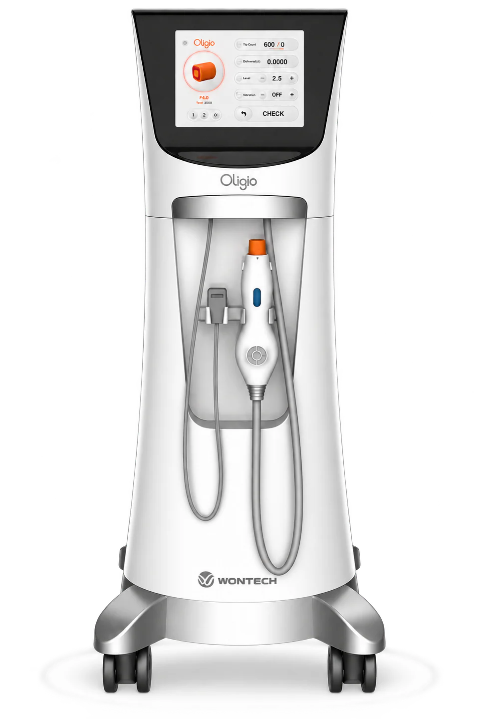 The Oligio RF platform, with touchscreen console and handpiece on a mobile column