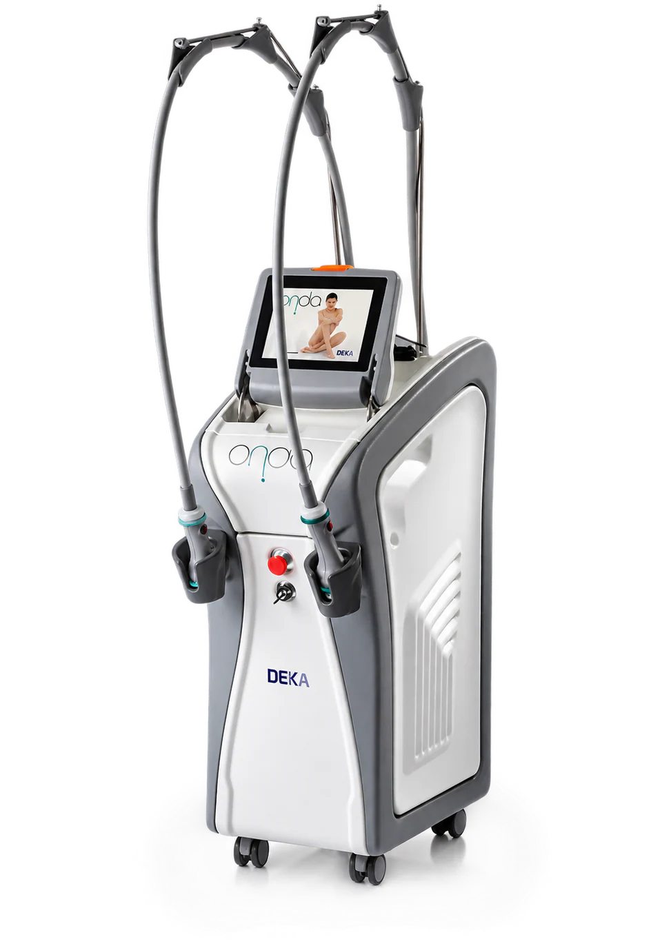 The Onda Coolwaves platform by DEKA, with touchscreen console and two handpieces on articulated arms