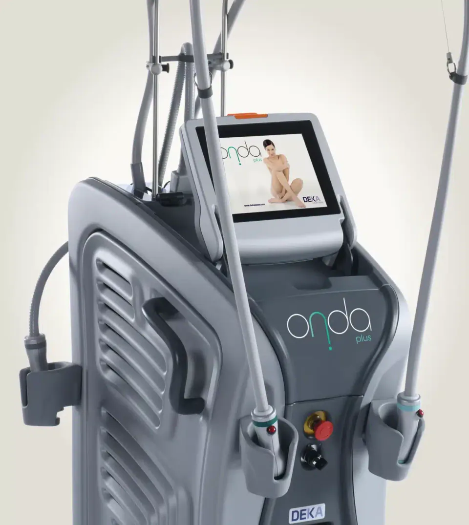 The Onda Plus body contouring platform by DEKA, with touchscreen console and handpieces