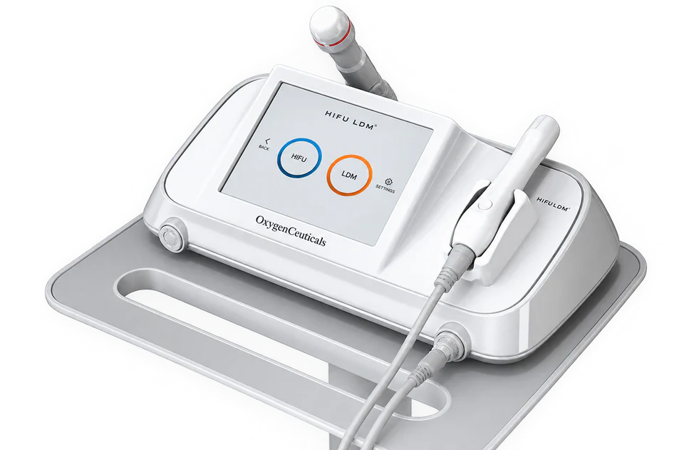 The Oxygenceuticals HIFULDM facial device, with touchscreen console and two handpieces