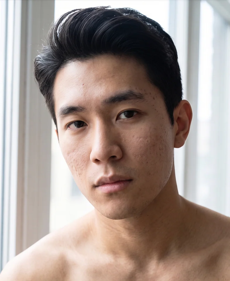 Portrait of a man with atrophic acne scarring across the cheeks
