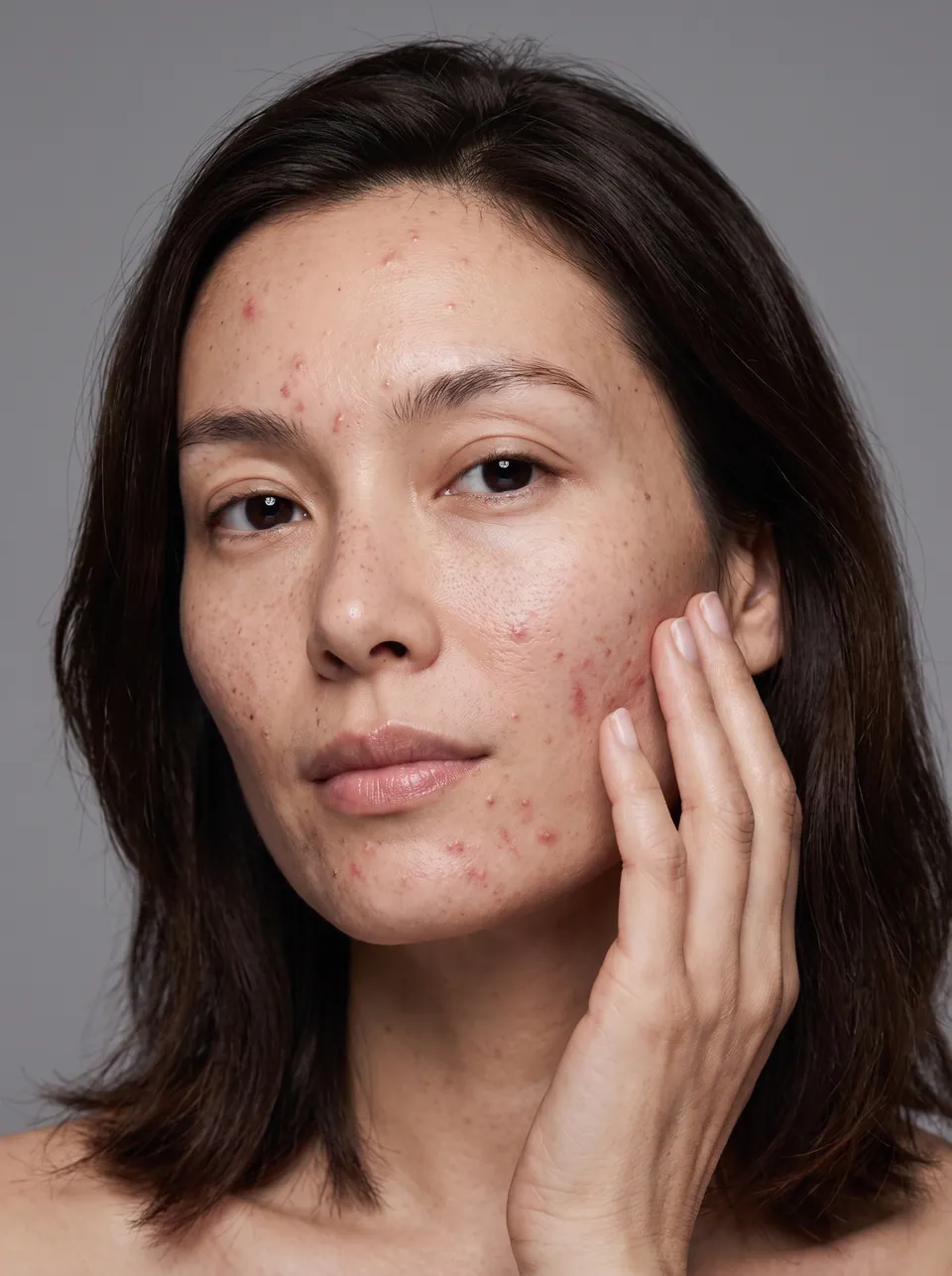 Portrait of a woman with active breakouts, her hand resting on her cheek