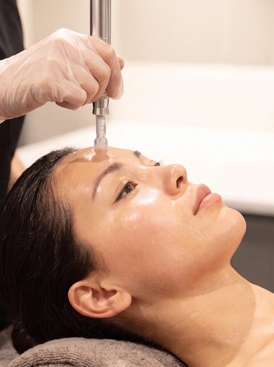 A practitioner applying a microneedling pen to a patient's forehead during a plasma facial