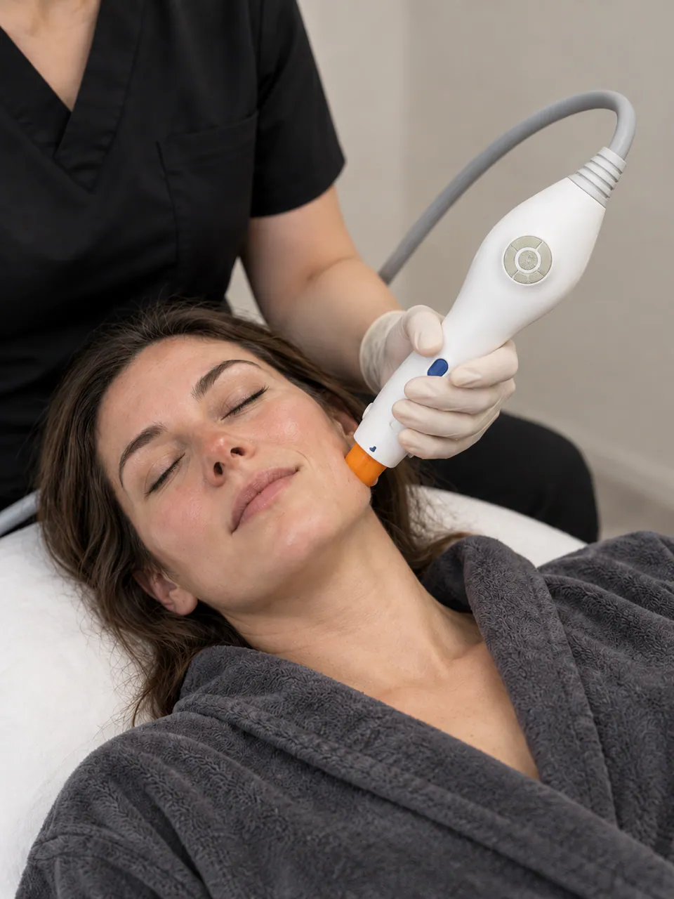 A practitioner guiding the Oligio handpiece along a client's jawline