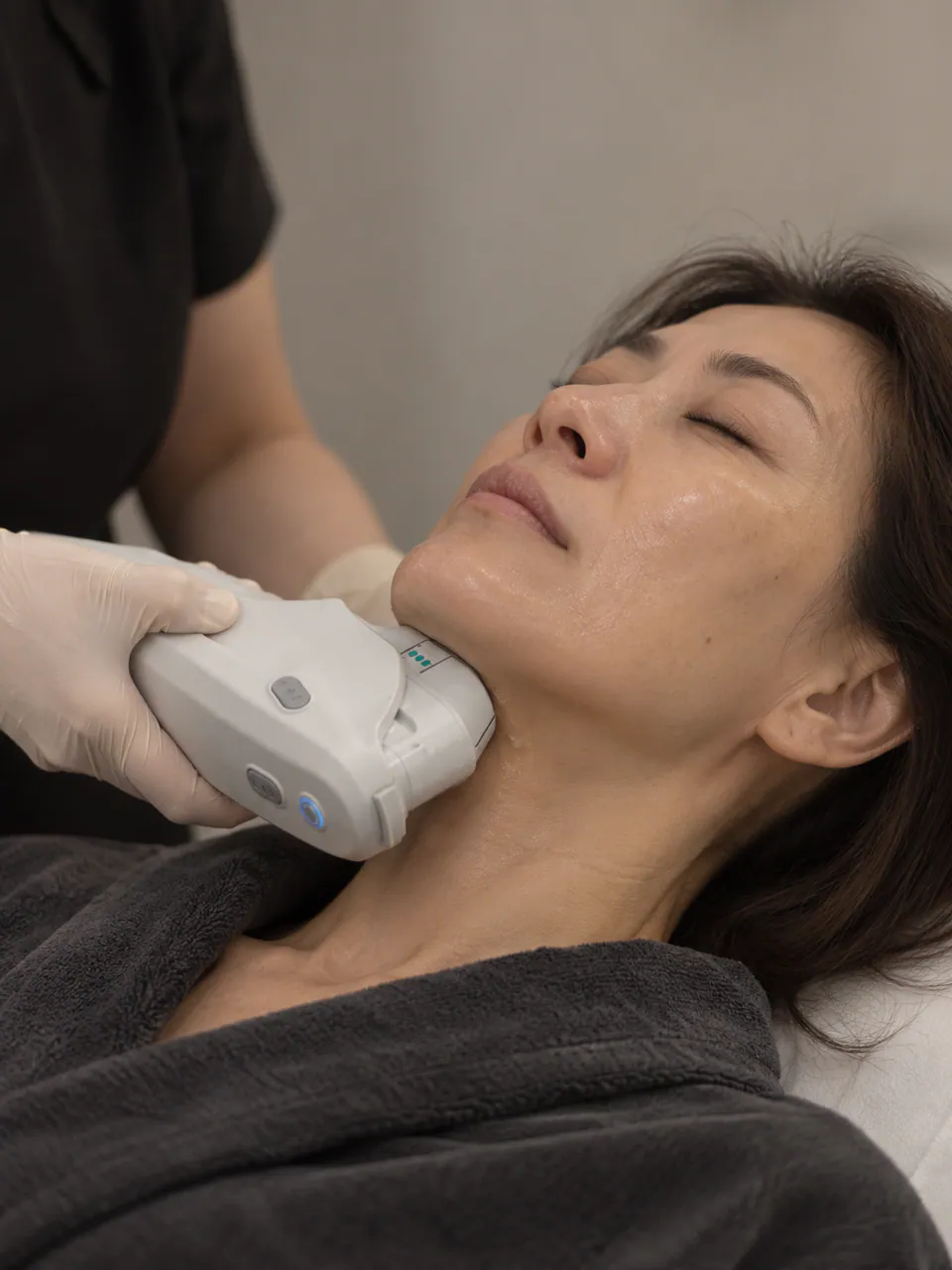 A practitioner guiding the Ultherapy transducer along a client's neck over ultrasound gel