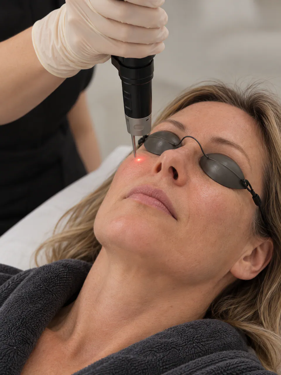 A practitioner passing the RevLite handpiece over a patient's cheek, the aiming beam visible on the skin