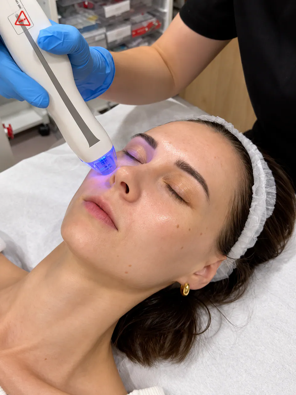 A practitioner passing the Virtue RF handpiece across a patient's cheek, its tip lit blue