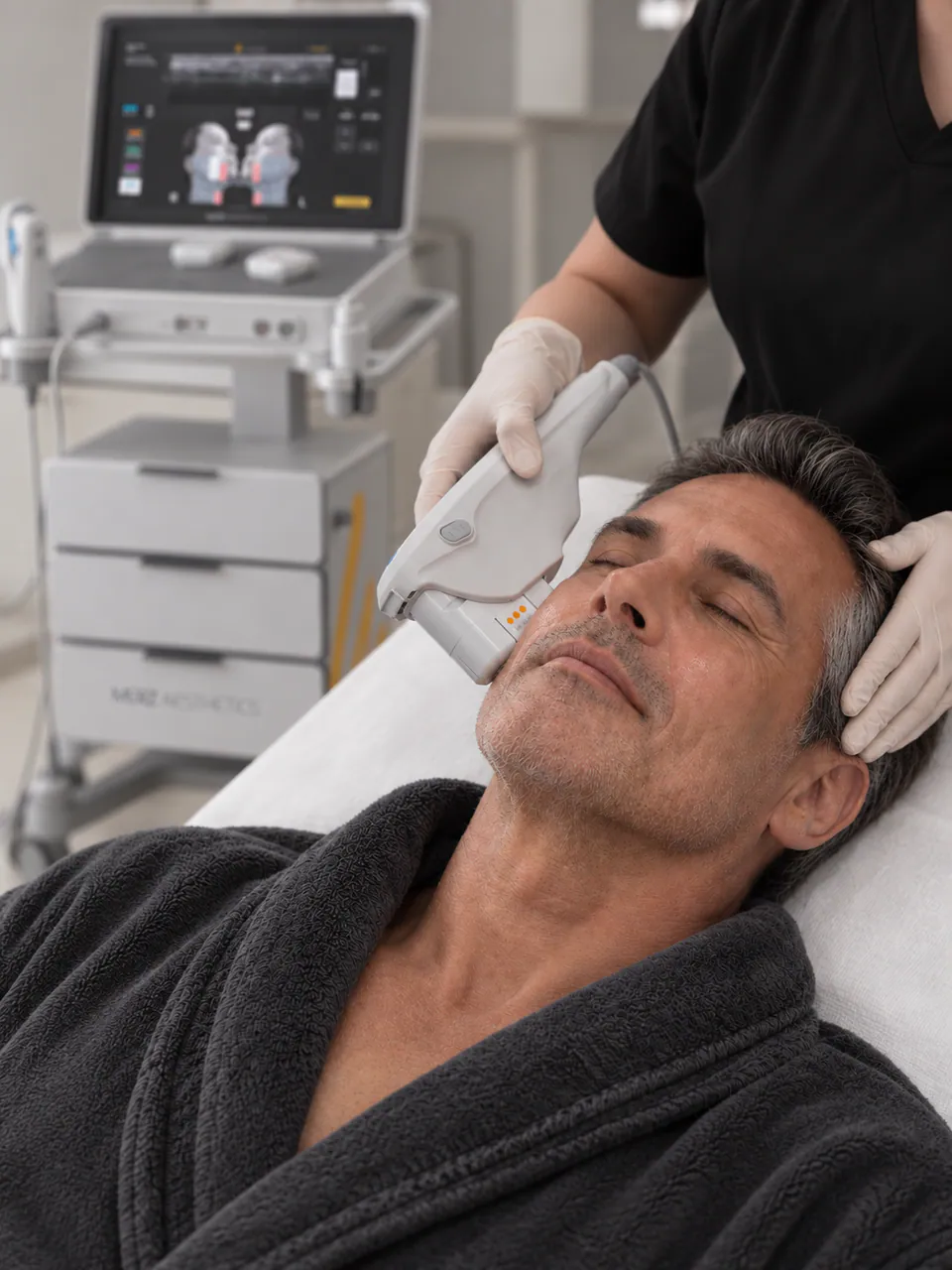 A practitioner positioning the Ultherapy transducer on a client's cheek, the imaging console behind