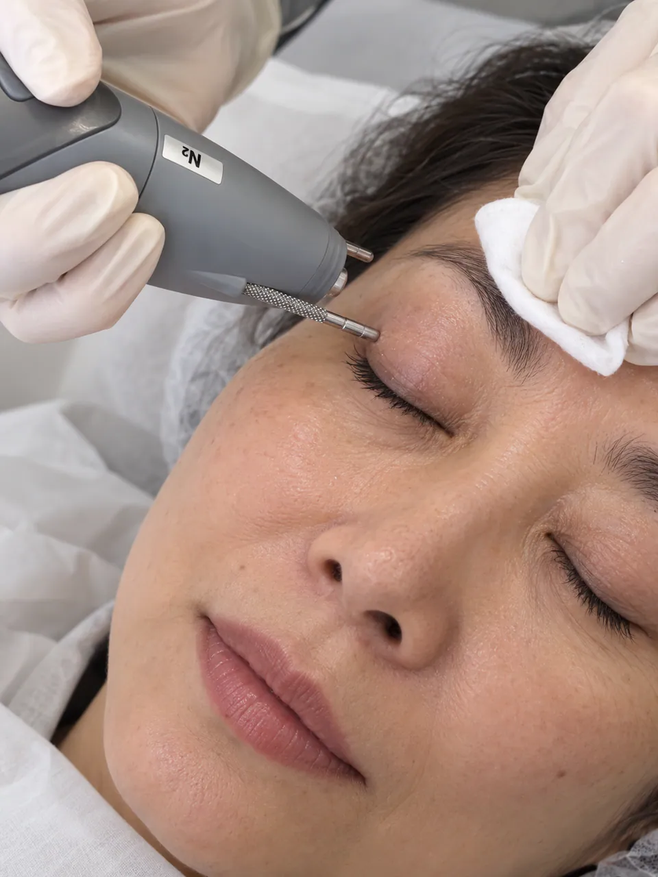 A practitioner treating the eyelid with the Pladuo plasma pen while shielding the surrounding skin