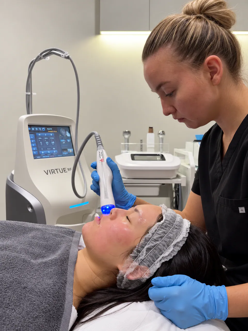 A practitioner treating a patient beside the Virtue RF console, settings shown on screen