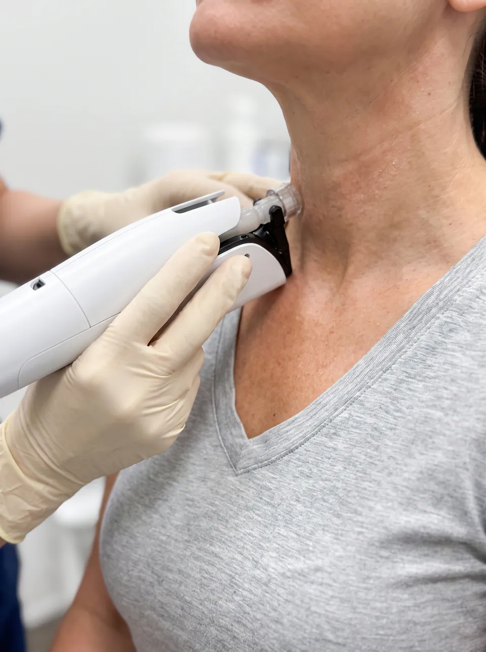 A practitioner treating a patient's neck with the DoubleTite handpiece