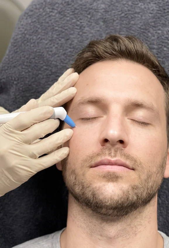 A practitioner treating the skin beside a patient's eye with the Agnes microneedle handpiece
