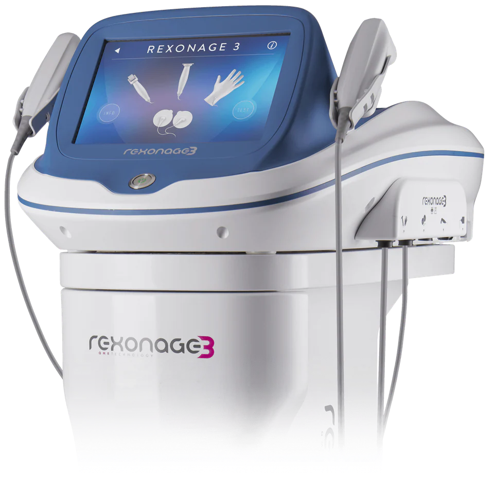 The Rexonage 3 device, with touchscreen console and two handpieces