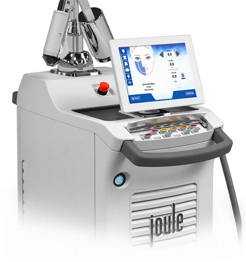 The Sciton JOULE platform that delivers BBL, with touchscreen console and handpiece tips