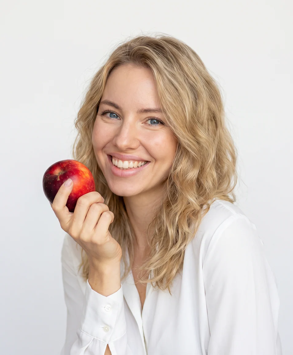 A smiling woman holding a red apple