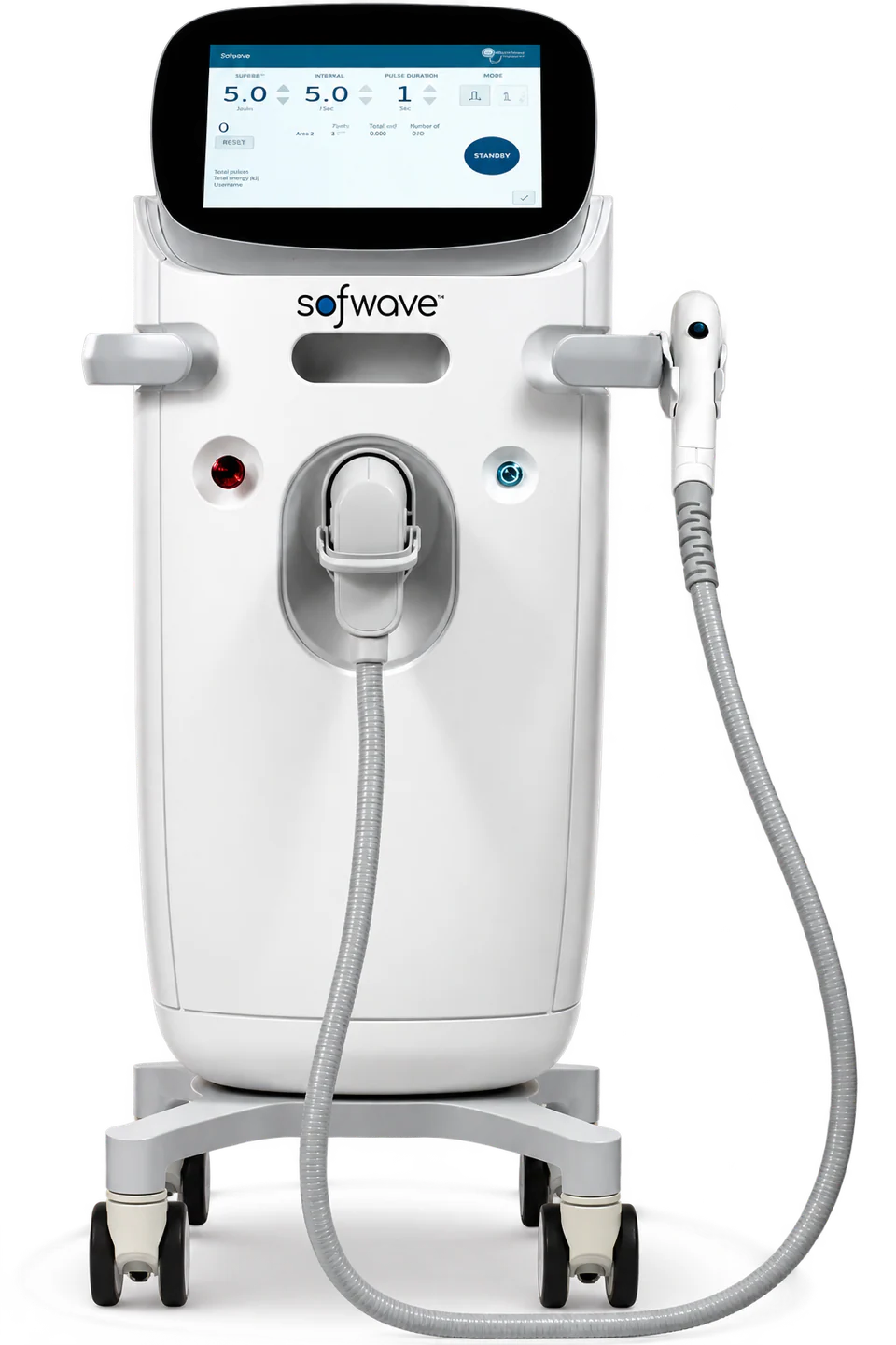 The Sofwave platform, with touchscreen console and handpiece on a mobile base
