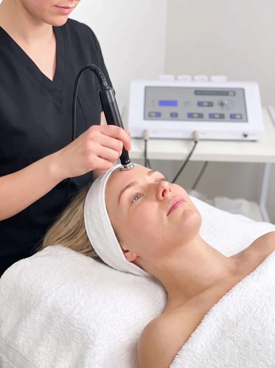 A therapist gliding the Ionzyme DF II sonic probe across a patient's forehead, the console behind her