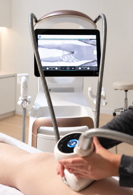 A therapist guiding the LPG treatment head along a client's leg, the console screen showing the protocol above