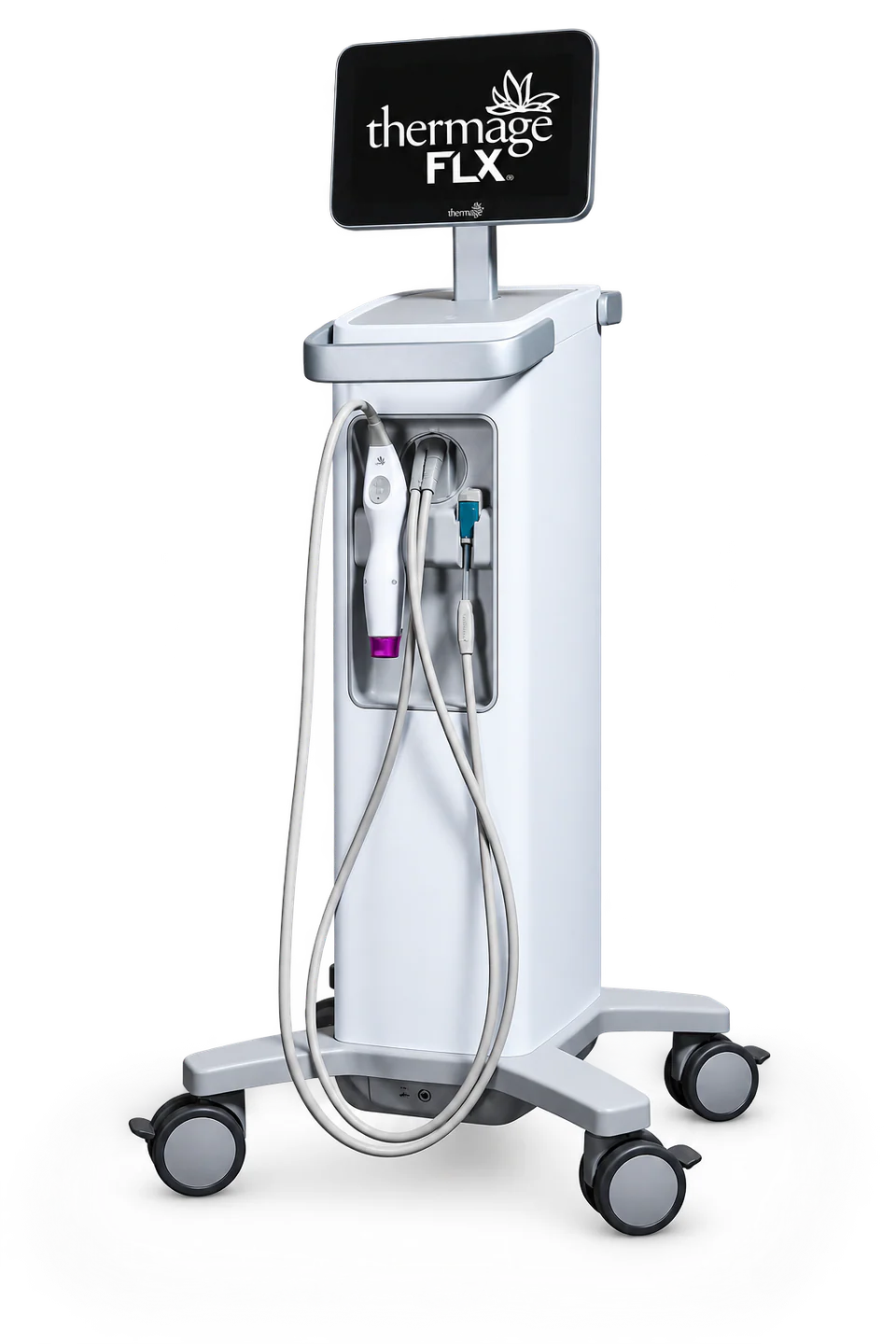The Thermage FLX platform, with touchscreen console and handpiece in its cradle
